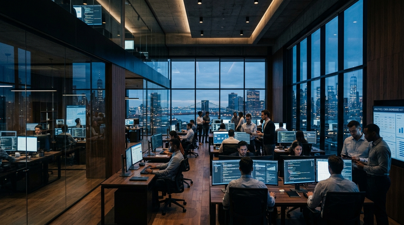 A team working across screens in an open-plan operations office at dusk